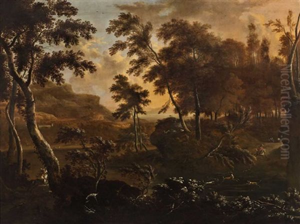 A Southern Landscape With Hunting Scenes by Frederick De Moucheron