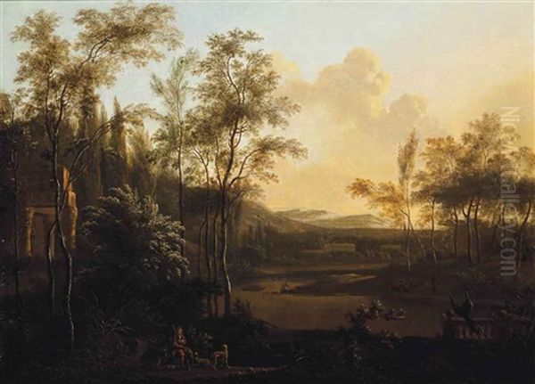 A Wooded River Landscape With A Huntsman At Rest Beside Classical Ruins Oil Painting by Frederick De Moucheron