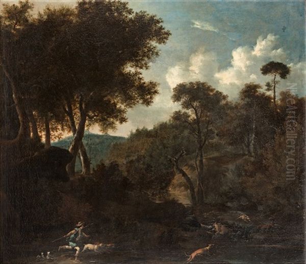 Landskap Med Jagare, Hundar Och Hjortar Oil Painting by Frederick De Moucheron