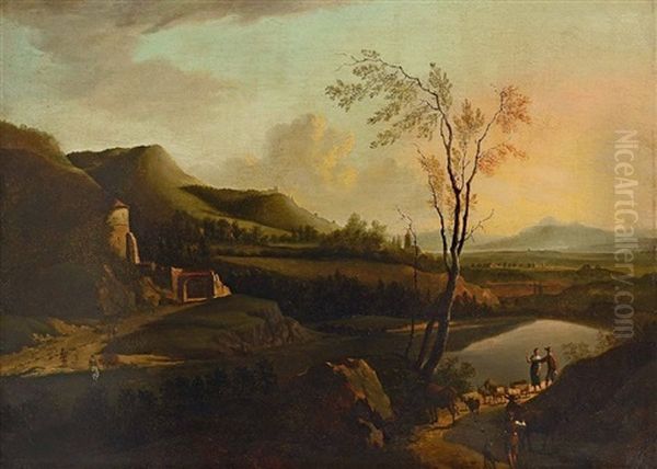 Flusslandschaft Mit Viehhirten Am Uferweg Oil Painting by Frederick De Moucheron