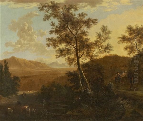 Southern Landscape With Cattle And Herdsmen Oil Painting by Frederick De Moucheron