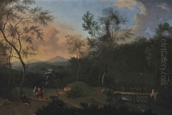 A Wooded River Landscape With Travellers On A Bridge And A Hunting Party At Rest, Mountains Beyond Oil Painting by Frederick De Moucheron