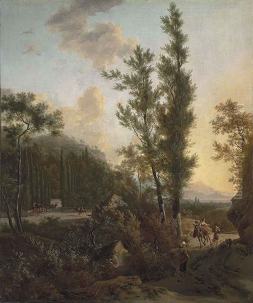 An Italianate Wooded Landscape With Travellers And Sheep On A Path, A Horse-drawn Carriage And Riders Entering A Park Landscape Beyond Oil Painting by Frederick De Moucheron