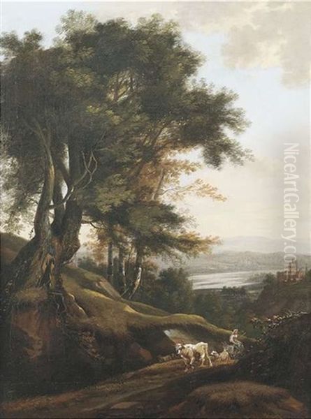 Weite Flusslandschaft Im Abendlicht. Auf Einem Fahrweg Eine Hirtin Auf Dem Nachhauseweg Oil Painting by Frederick De Moucheron