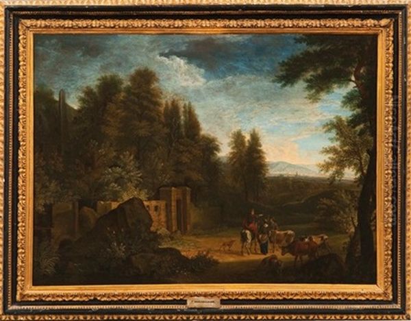 Figures With Cattle In A Classical Landscape Oil Painting by Frederick De Moucheron