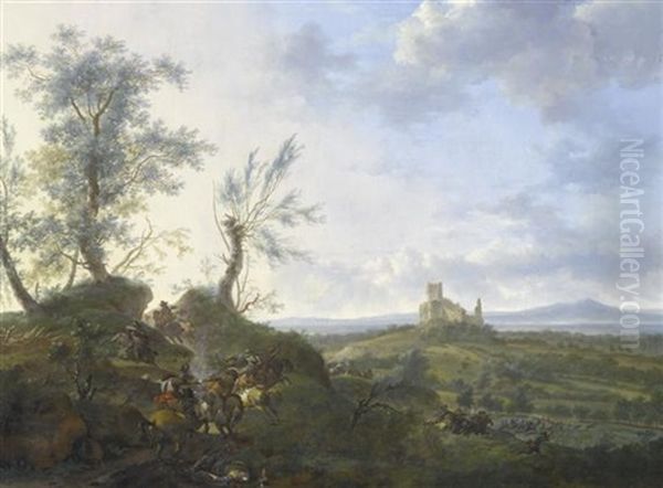 Weite Landschaft Mit Einem Kavalleriegefecht Und Einer Burgruine Im Hintergrund Oil Painting by Frederick De Moucheron