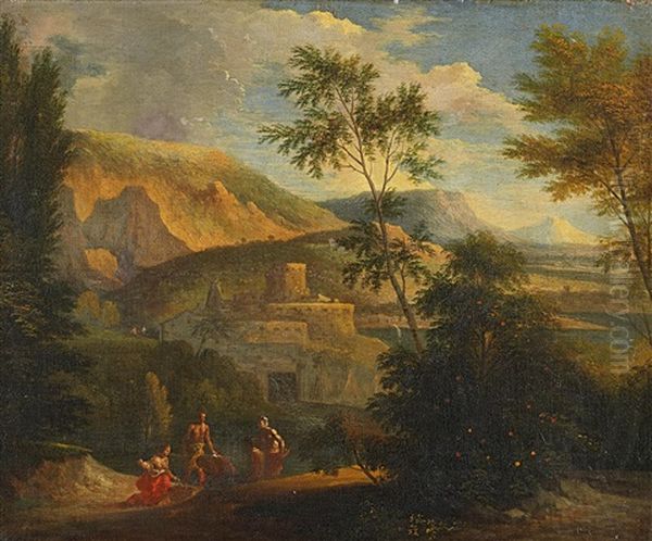 Italienische Landschaft Mit Heiliger Familie Oil Painting by Frederick De Moucheron