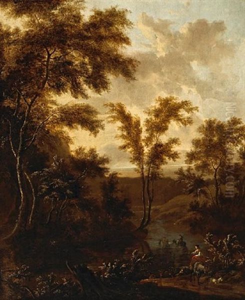 An Italianate Landscape With Animals And Figures Fording A River Oil Painting by Frederick De Moucheron