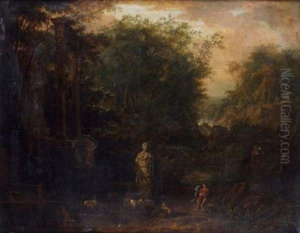 Paysage Boise Avec Un Berger Jouant De La Flute Pres D'une Statue Antique Et De Ruines Romaines, Vasque, Portique Et Tombeau Oil Painting by Frederick De Moucheron