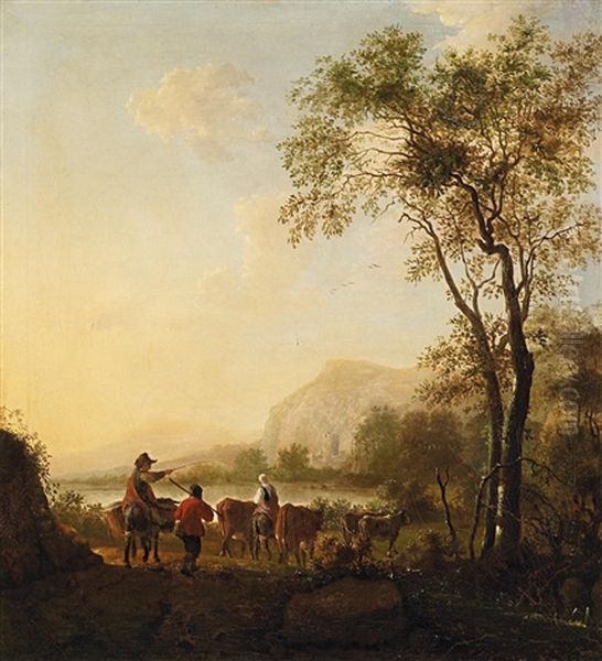 Hirtin Mit Ihrem Vieh In Weiter Flusslandschaft Oil Painting by Frederick De Moucheron