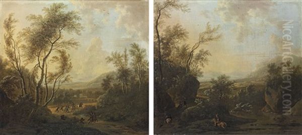 A Wooded Landscape With Cavalrymen (+ A Wooded Landscape With Huntsmen; Pair) Oil Painting by Frederick De Moucheron