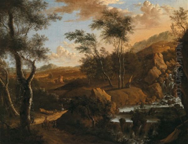 Sudliche Bewaldete Gebirgslandschaft Mit Einem Wasserfall Und Reitern Oil Painting by Frederick De Moucheron