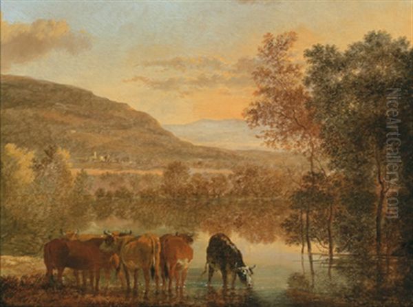 Bewaldete Fluslandschaft Mit Kuhen Oil Painting by Frederick De Moucheron