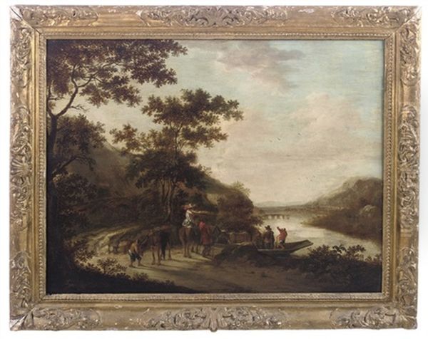 A River Landscape With Travellers On A Country Track, A Bridge Beyond Oil Painting by Frederick De Moucheron