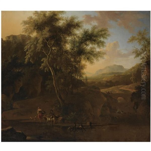 An Italianate Wooded River Landscape With Shepherds And Their Herd Of Goats In The Foreground, Two Travellers And A Donkey On The Bridge Beyond Oil Painting by Frederick De Moucheron