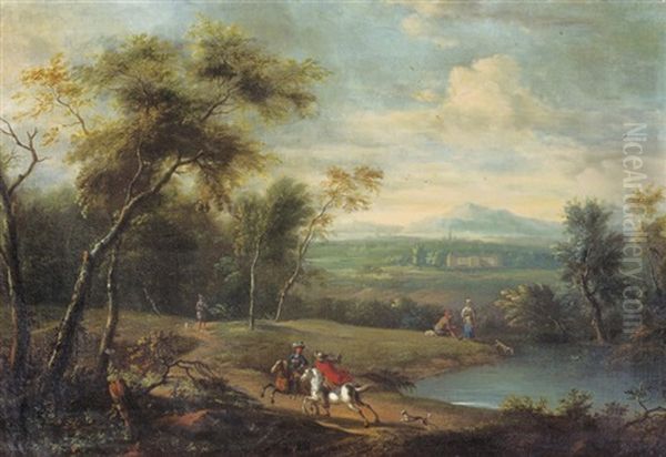 A Wooded River Landscape With Falconiers On Horseback Oil Painting by Frederick De Moucheron