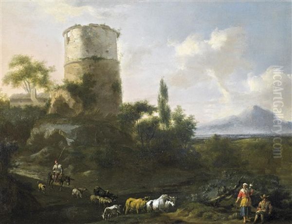 Italienische Ruinenlandschaft Mit Hirten An Einer Furt Oil Painting by Frederick De Moucheron