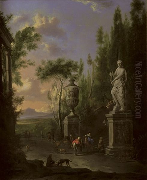 A Hawking Party At The Foot Of An Ornamental Staircase, With A Mountainous Landscape Beyond (collab. W/adriaen Van De Velde) Oil Painting by Frederick De Moucheron