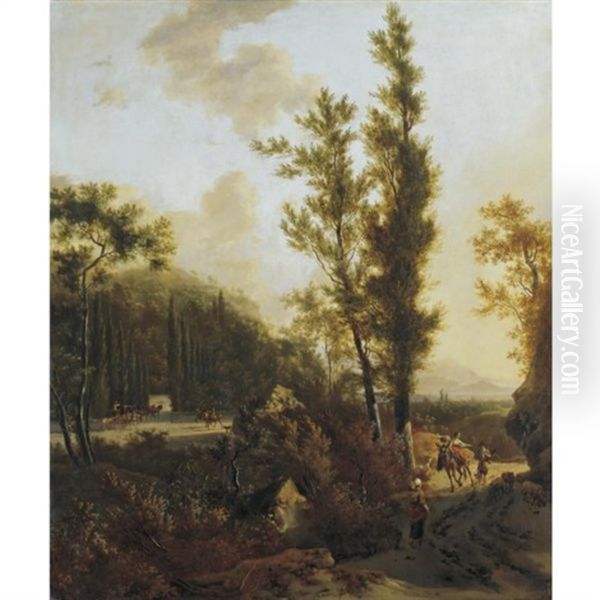 An Italianate Landscape With Peasants On A Road, Mounted Figures Entering The Forecourt To A Villa (collab. W/adriaen Van De Velde) Oil Painting by Frederick De Moucheron