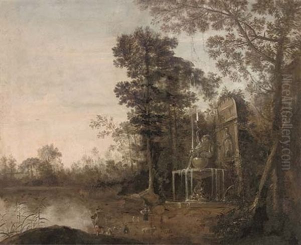 A Wooded Landscape With A Shepherd And His Flock By An Ornamental Fountain Oil Painting by Frederick De Moucheron