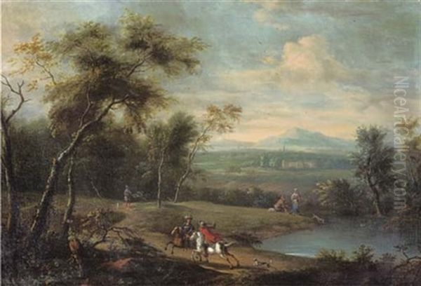 A Wooded River Landscape With Falconiers On Horseback, A Mansion Beyond Oil Painting by Frederick De Moucheron