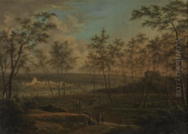 Bewaldete Landschaft Mit Figurenstaffage Und Im Hintergrund Links Fluss Und Schlossanlage Oil Painting by Frederick De Moucheron