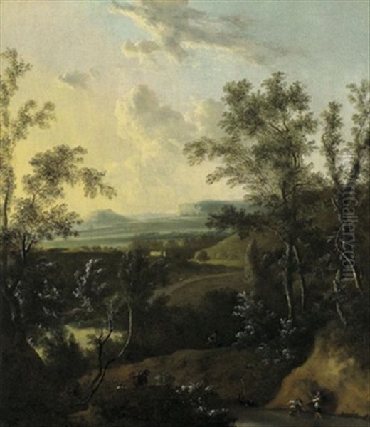 Bewaldete Flusslandschaft Mit Anglern Oil Painting by Frederick De Moucheron