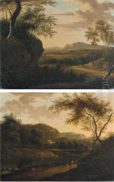 Italianate Landscape With Trees Overhanging A Road (+ Italianate Landscape With A Traveller On A Road Beside A River, A Villa Beyond, Sgd.; Pair) Oil Painting by Frederick De Moucheron