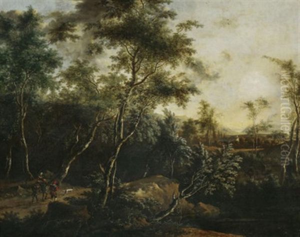 Wandersleute Bei Einem Bachlauf Im Walde, Im Hintergrund Ein Gehoft In Weitem Tal Oil Painting by Frederick De Moucheron