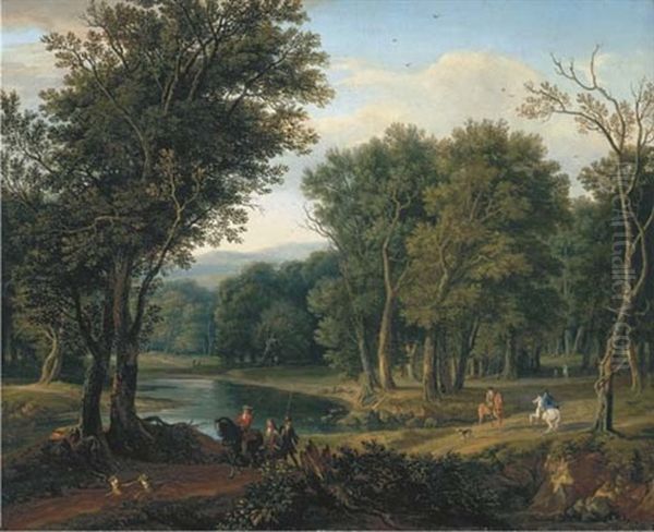 A Wooded River Landscape With Huntsmen And Dogs On A Track Oil Painting by Frederick De Moucheron