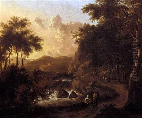 Torrent Dans Un Paysage Boise Anime De Promeneurs by Frederick De Moucheron