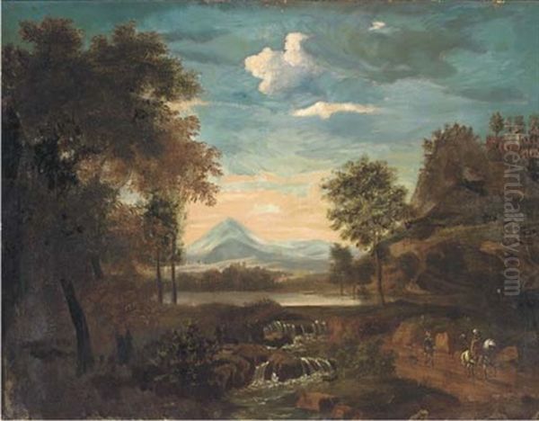 A Wooded Mountain Landscape With Travellers By A River Oil Painting by Frederick De Moucheron