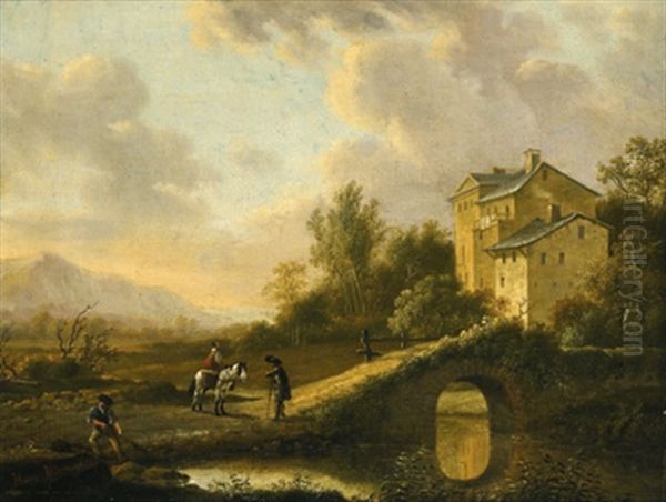 Bewaldete Landschaft Mit Hausern, Einer Steinernen Bogenbrucke Und Figuren Oil Painting by Frederick De Moucheron