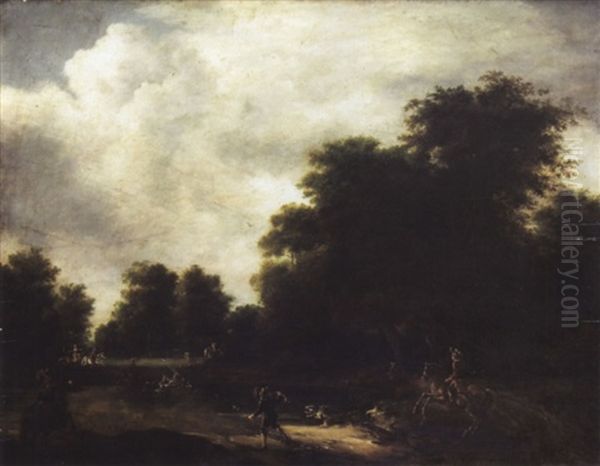 Waldlandschaft Mit Hirschjagd, Welche In Einem Teich Endet Oil Painting by Frederick De Moucheron