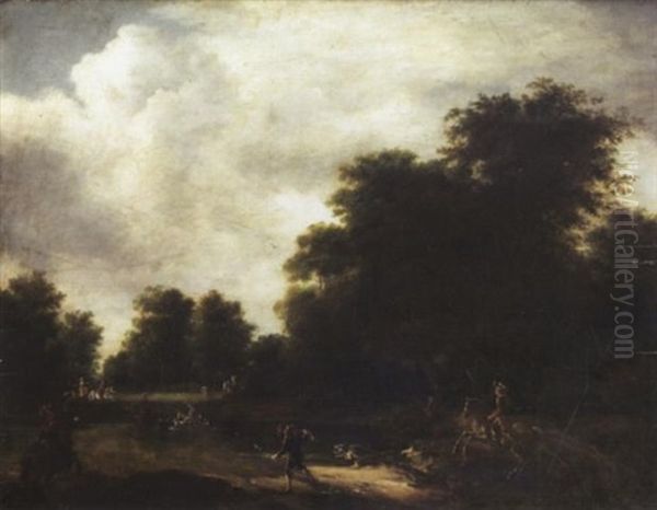 Waldlandschaft Mit Hirschjagd, Welche In Einem Teich Endet Oil Painting by Frederick De Moucheron