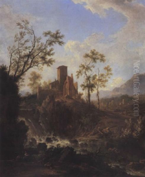 An Italianate River Landscape With A Nietherd, His Family And His Flock Before A Cascade, A Tower On A Rise Beyond Oil Painting by Frederick De Moucheron