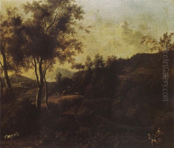 A Southern Wooded Landscape With Fishermen In A Stream And Shepherds With Their Head In The Background by Frederick De Moucheron