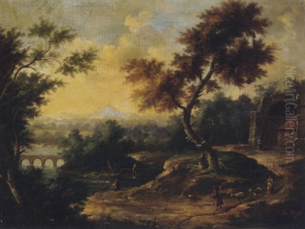 An Extensive River Landscape With Figures By Classical Ruins, A Bridge Beyond Oil Painting by Frederick De Moucheron