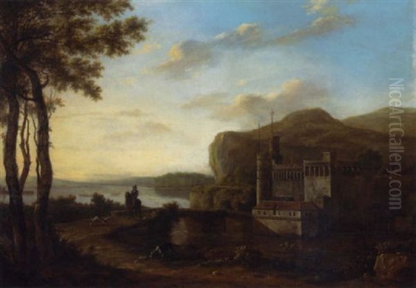 A River Landscape With A Horseman And Dogs Crossing A Bridge, A Castle Beyond Oil Painting by Frederick De Moucheron