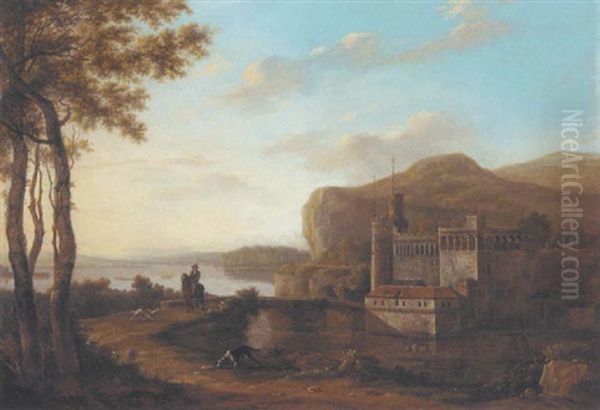 A River Landscape With A Horseman And Dogs Crossing A Bridge, A Castle Beyond Oil Painting by Frederick De Moucheron