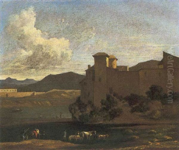 Paesaggio Fluviale Con Castello Sullo Sfondo E Viandanti In Primo Piano Oil Painting by Frederick De Moucheron