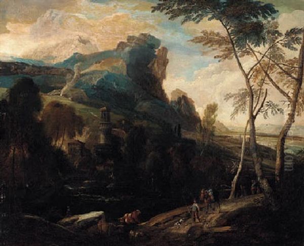 A Mountainous River Landscape With Travellers Crossing A Bridge And A Herd Oil Painting by Frederick De Moucheron