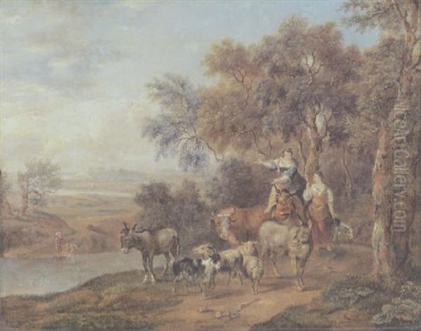 Tierherde Mit Zwei Hirtinnen In Weiter Landschaft Oil Painting by Frederick De Moucheron