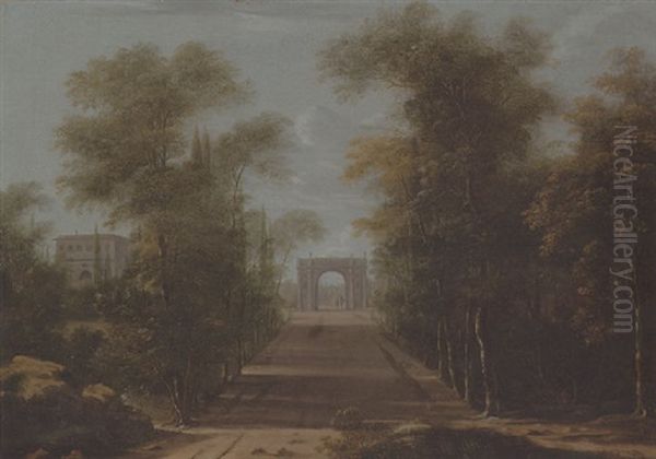 An Italianate Landscape With A Triumphal Arch And A Villa Near An Avenue Of Trees Oil Painting by Frederick De Moucheron