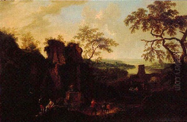 An Italianate Landscape With Travelers And Boatmen Oil Painting by Frederick De Moucheron