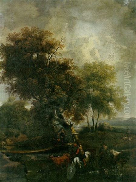 An Extensive Landscape With Travellers And A Shepherd By A Stream Oil Painting by Frederick De Moucheron