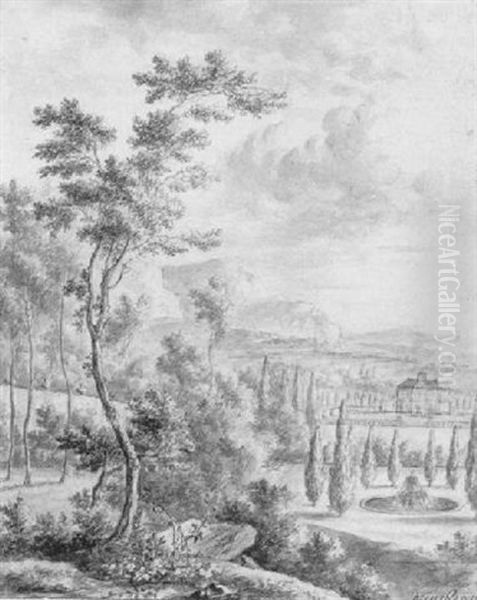 A Hilly Landscape With A Country House by Frederick De Moucheron