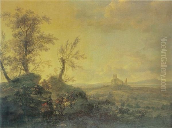 An Extensive Mountainous Landscape With A Cavalry Skirmish, A Ruined Castle Beyond Oil Painting by Frederick De Moucheron