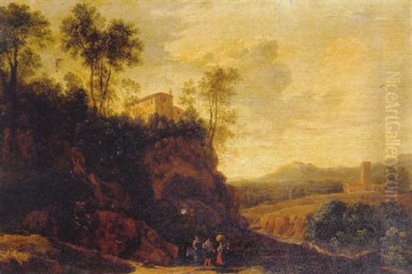 Paisaje Italiano Con Campesinos En Un Sendero, Un Saliente Costero Y Un Monasterio En La Cima Oil Painting by Frederick De Moucheron