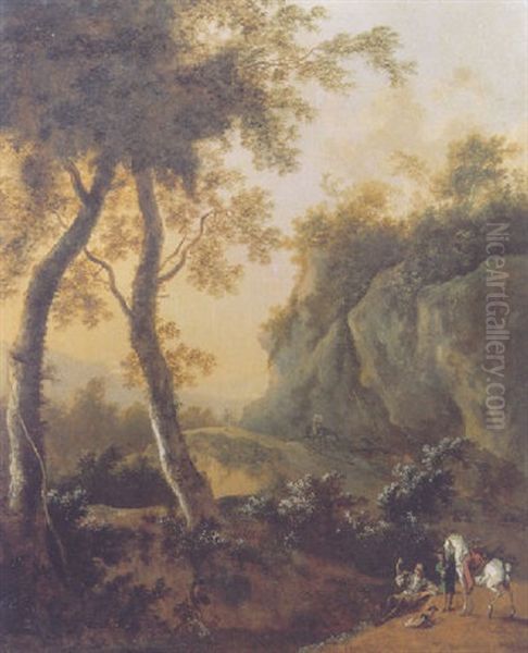 A Sportsman Blowing Horn While Resting On A River Bank In An Italianate Landscape At Sunset Oil Painting by Frederick De Moucheron